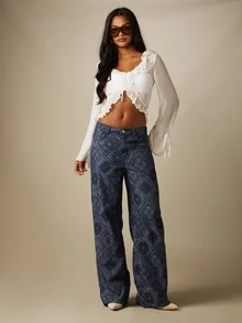 MISSGUIDED Wide Leg Bandana Paisley Print Jeans With Mid Rise Fit And Full Length Leg For Festival Spring Summer Occasions - Blue - View 3