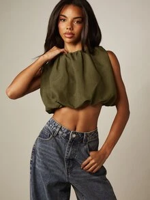 MISSGUIDED Ruched Neck Sleeveless Crop Top With Gathered Neckline And Bubble Hem Relaxed Fit Summer Festival Cropped Blouse - Army Green - View 4