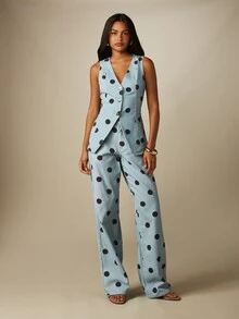 MISSGUIDED 波點印花V領無袖長版牛仔背心，鈕扣前開襟，夏季風格 - 彩色 - 查看 5