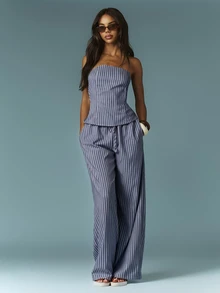 MISSGUIDED Pinstripe Bandeau Top With Wide-Leg Drawstring Trousers With High Waist Co-Ord Set And Full-Length Silhouette - Summer Vacations And Holiday Occasions - Blue - View 3