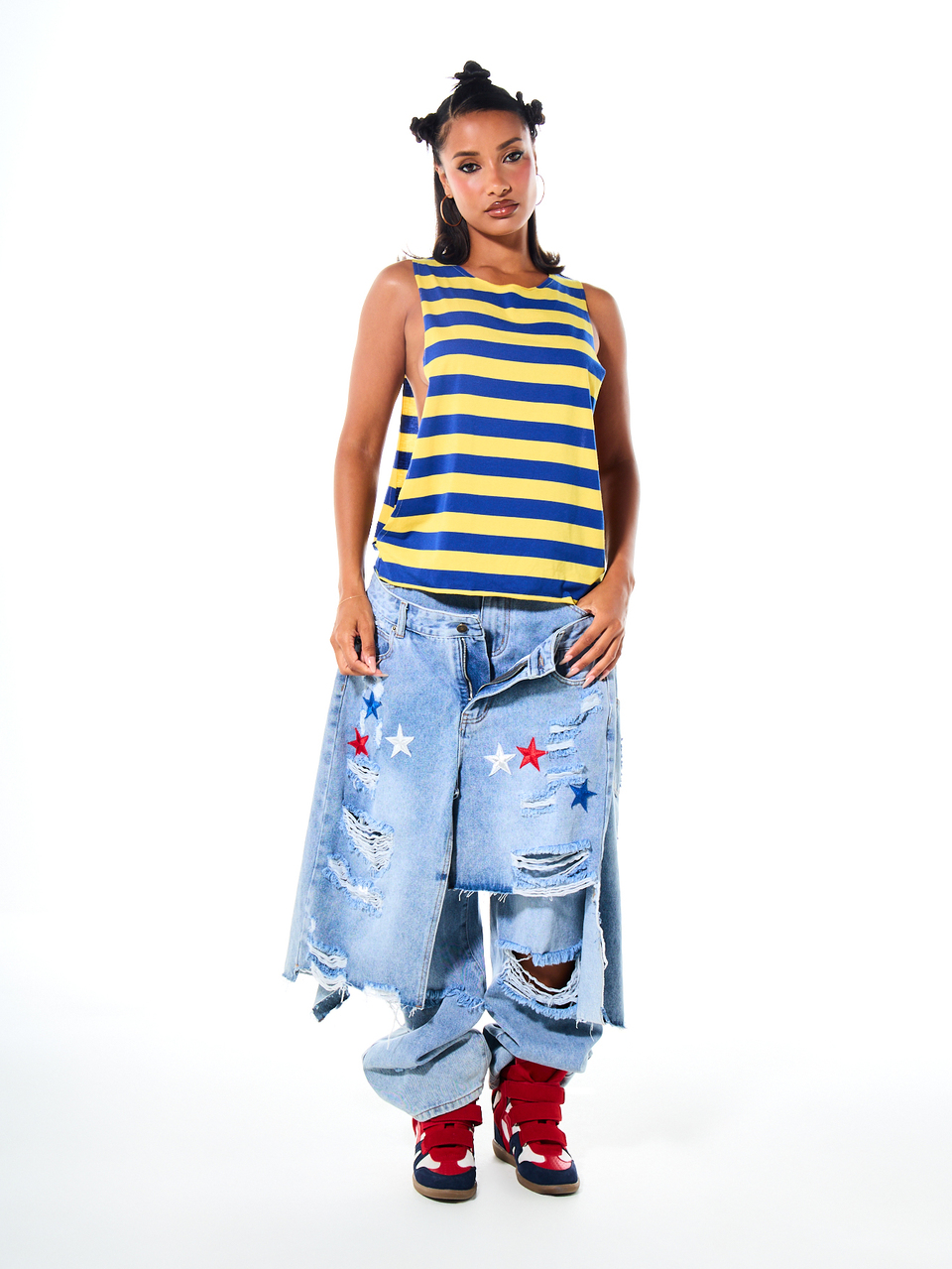 SUMWON WOMEN Bold Horizontal Stripe Sleeveless Tank Top With Side Cut-Out Detail Summer Festival Casual Street Style