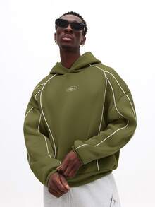 SUMWON Oversized Pullover Hoodie With White Contrast Piping Detail And Oval Logo Patch Drop Shoulder Relaxed Fit Fall Winter Essential - Army Green - View 5