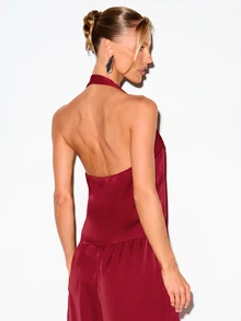 KIZN Satin Halter Neck Backless Crop Top With Open Back Tie Detail Sleeveless Summer Party Going Out Night Out Elegant Evening Red - Red - View 2