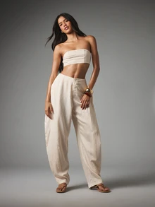 MISSGUIDED 亞麻混紡無肩帶抹胸短版上衣與高腰寬腿長版帕拉佐長褲套裝，夏季度假海灘度假風穿搭 - 杏色 - 查看 5