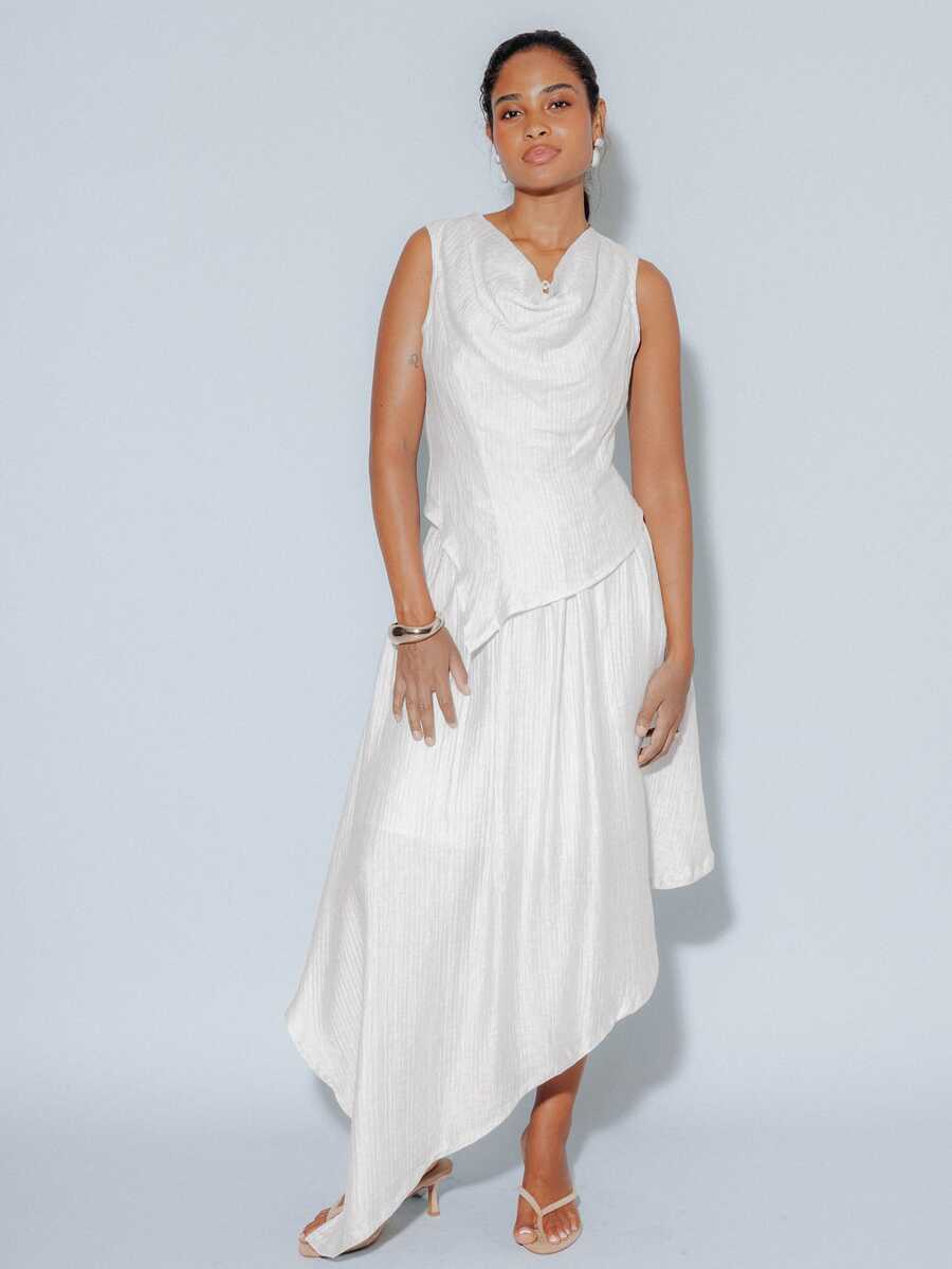 Pimkie Edition Women's Solid Color Cowl Neck Asymmetrical Hem Sleeveless Top And Skirt Fashion Set - White - View 1