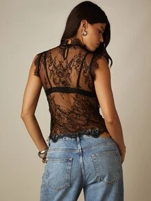 MISSGUIDED Sheer Floral Lace High Neck Sleeveless Crop Blouse With Scallop Hem And Tie Back Detail Summer Party Top - Black - View 2