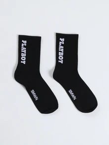PLAYBOY X SUMWON Logo Crew Socks 2-Pack Unisex Mid-Calf Statement Socks Perfect For Casual Everyday Holiday Gifting - Multicolor - View 2