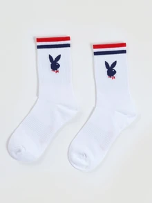 PLAYBOY X SUMWON Bunny Logo 羅紋休閒日常襪，紅色與深藍條紋襪口，Summon 品牌，一雙 - 白色 - 查看 2