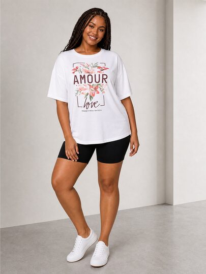 ELLERISSA Plus Size White Oversized T-Shirt & Cycling Shorts Co-Ord Set