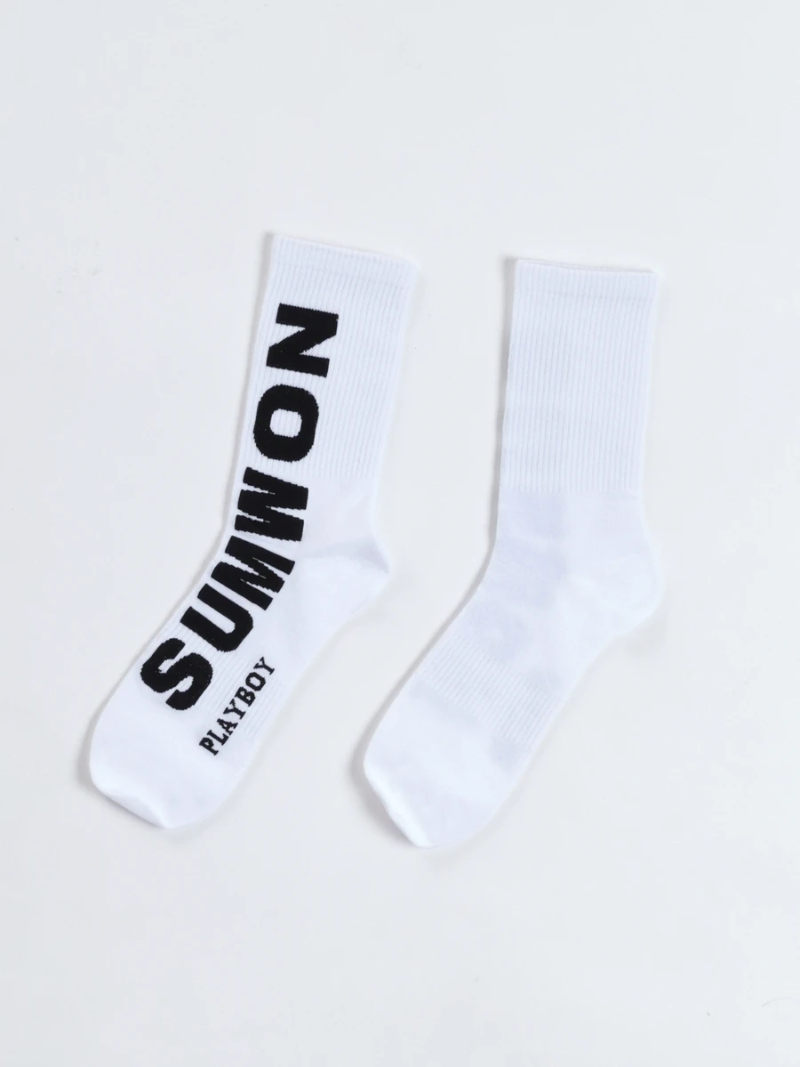 PLAYBOY X SUMWON Summon 圖案中筒襪 大膽 Logo 印花 中性款 中筒長度休閒日常穿著襪 - 白色 - 查看 1
