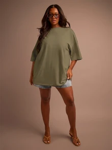 FASHION SZN 大尺碼 100% 純棉寬鬆圓領 T 恤，適合秋冬冬季日常穿搭，寬鬆舒適，夏季度假基本款白色 T 恤，適合上班、週末穿著，Y2K 極簡風 - 軍綠色 - 查看 5