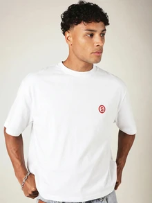 SUMWON Boxy Fit Oversized Crew Neck T-Shirt With Bold Back Slogan Print And Logo Chest Badge Perfect For Casual Summer Street Style Looks - White - View 2