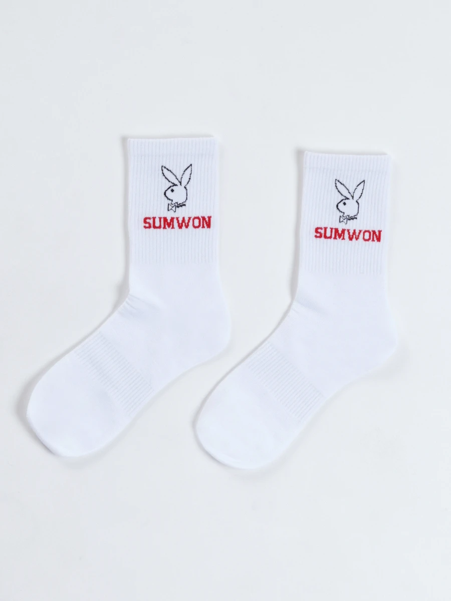 PLAYBOY X SUMWON Kaos Kaki Kru Logo Kelinci, Manset Bergaris, Kaos Kaki Rajut Pendek, Hadiah Liburan, Pakaian Kasual Sehari-hari, Unisex - Putih - View 1