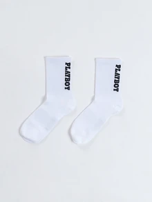 PLAYBOY X SUMWON Logo Crew Socks 2-Pack Unisex Mid-Calf Statement Socks Perfect For Casual Everyday Holiday Gifting - Multicolor - View 4
