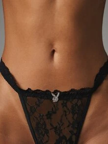 Missguided x Playboy Bunny 黑色花卉蕾絲丁字褲，附水鑽 Logo 吊飾，內衣內褲，情人節禮物 - 黑色 - 查看 4
