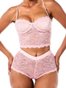 SUMWON WOMEN Floral Lace Longline Bralette And High Waist Boyshort Set With Scalloped Trim And Adjustable Straps Valentine Lingerie - Pink - View 4