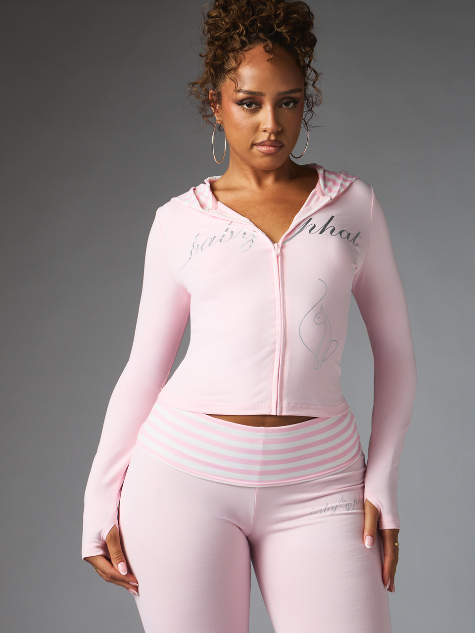 BABYPHAT Script Logo Zip-Up Cropped Hoodie With Cat Graphic Long Sleeve Fitted Stretch Knit Striped Hood Spring Summer