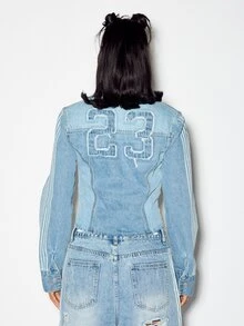 SUMWON WOMEN Cropped Denim Jacket With Stand Collar Zip Closure Varsity Number Applique And Branded Graphic Print Detail - Multicolor - View 2