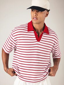 SUMWON Striped Knit Polo Shirt With Open V-Neck Collar Short Sleeves Oversized Fit Summer Casual Top - Red - View 4