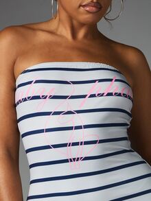BABYPHAT Strapless Bodycon Mini Dress With Navy Stripe Pattern And Pink Script Chest Print Stretchy Tube Dress For Summer Party Night Out - Grey - View 6
