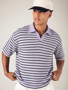 SUMWON Striped Knit Polo Shirt With Open Collar And Short Sleeves Summer Casual Relaxed Fit Holiday Knitwear Top - Blue - View 4