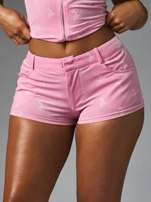 BABYPHAT Velvet Mini Hot Pants With Bunny AOP Print Low Rise Fitted Shorts With Side Pockets And Zip Detail - Pink - View 1