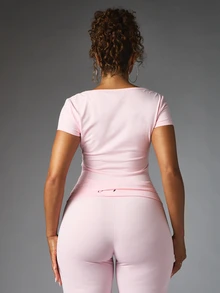BABYPHAT Square Neck Slim Fit Short Sleeve T-Shirt With Signature Cat Logo Chest Print Script Branding - Baby Pink - View 2