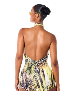 SUMWON WOMEN Halter Neck Lace-Up Plunge Front Romper With Mixed Animal Snake Print Open Back Mini Shorts Jumpsuit Summer Festival - Multicolor - View 2
