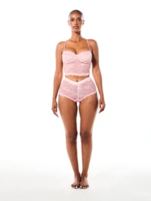 SUMWON WOMEN Floral Lace Longline Bralette And High Waist Boyshort Set With Scalloped Trim And Adjustable Straps Valentine Lingerie - Pink - View 3