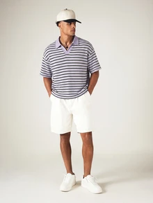 SUMWON Striped Knit Polo Shirt With Open Collar And Short Sleeves Summer Casual Relaxed Fit Holiday Knitwear Top - Blue - View 3