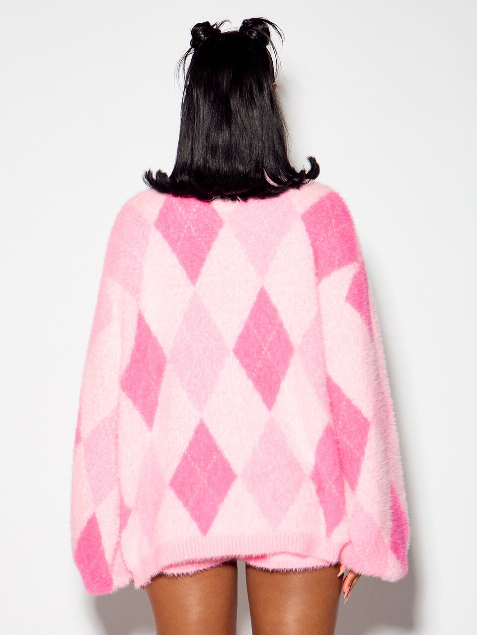 SUMWON WOMEN Oversized Fuzzy Argyle Zip-Up Sweater With NYC Varsity Chest Print High Neck Long Sleeve Cozy Winter Knit Cardigan