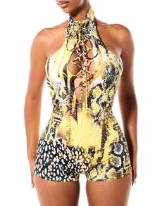 SUMWON WOMEN Halter Neck Lace-Up Plunge Front Romper With Mixed Animal Snake Print Open Back Mini Shorts Jumpsuit Summer Festival - Multicolor - View 4