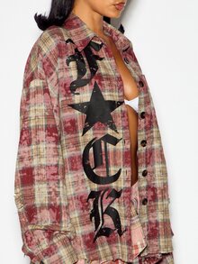 SUMWON WOMEN Kemeja Flanel Kotak-kotak Longgar dengan Motif Huruf Gotik di Bagian Depan, Kancing Depan, Lengan Panjang, Kerah, untuk Musim Gugur dan Musim Dingin. - Merah - View 5