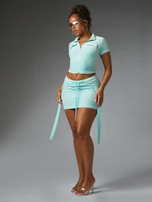 BABYPHAT Velour Cropped Zip-Up Collared Top With Short Sleeves And Logo Back Print Summer Y2K Style - Mint Blue - View 3