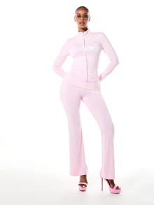 SUMWON WOMEN High Rise Flared Leg Pants With Rhinestone Script Logo Waistband Fold-Over Detail Full Length Stretch Fabric Holiday Party Occasion - Pink - View 6