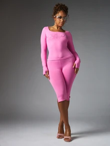 BABYPHAT Rhinestone Logo Square Neck Long Sleeve Fitted Top With Thumbhole Cuffs Y2K Style - Pink - View 4