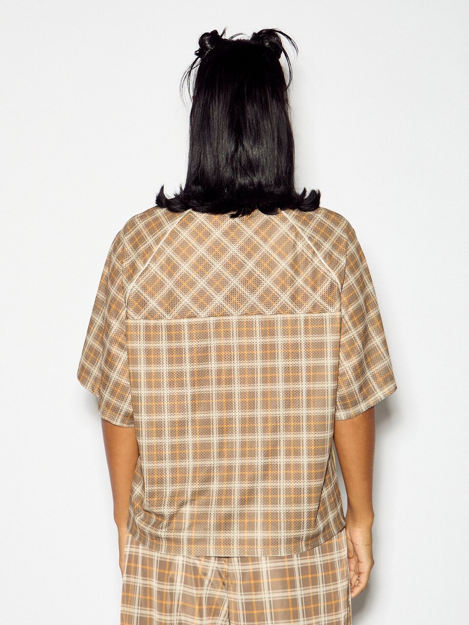 SUMWON WOMEN Plaid Mesh Oversized Crop V-Neck Top With Cursive Script Logo Print Short Sleeve Sheer Boxy Summer Festival Style