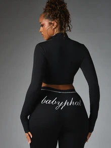 BABYPHAT 字母 Logo 短版拉鍊夾克，小立領、拇指孔袖口與對比色下擺設計 - 黑色 - 查看 2