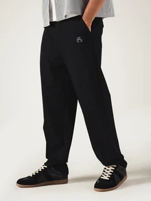 SUMWON Classic Black Regular Fit Casual Trousers With Embroidered Monogram Logo Side Pockets Full Length Straight Leg Everyday Smart Casual Pants - Black - View 4