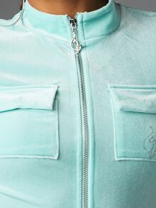 BABYPHAT Velour Cropped Zip-Up Collared Top With Short Sleeves And Logo Back Print Summer Y2K Style - Mint Blue - View 4