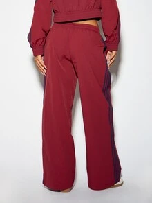 SUMWON WOMEN Oversized Wide Leg Track Pants With Navy Side Stripes And Atlanta 1990 Varsity Print Mid Rise Elastic Waist Full Length - Red - View 5