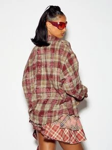 SUMWON WOMEN Kemeja Flanel Kotak-kotak Longgar dengan Motif Huruf Gotik di Bagian Depan, Kancing Depan, Lengan Panjang, Kerah, untuk Musim Gugur dan Musim Dingin. - Merah - View 6