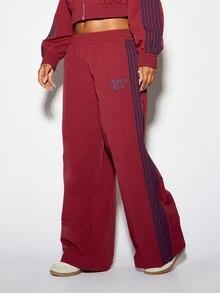 SUMWON WOMEN Oversized Wide Leg Track Pants With Navy Side Stripes And Atlanta 1990 Varsity Print Mid Rise Elastic Waist Full Length - Red - View 4