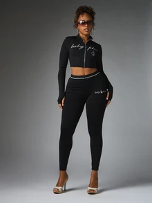 BABYPHAT Signature Script Logo Full Length Leggings With Rhinestone Waistband Detail And Bum Print For Fall Winter - Black - View 4