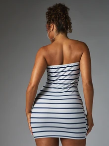 BABYPHAT Strapless Bodycon Mini Dress With Navy Stripe Pattern And Pink Script Chest Print Stretchy Tube Dress For Summer Party Night Out - Grey - View 2