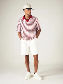 SUMWON Striped Knit Polo Shirt With Open V-Neck Collar Short Sleeves Oversized Fit Summer Casual Top - Red - View 3