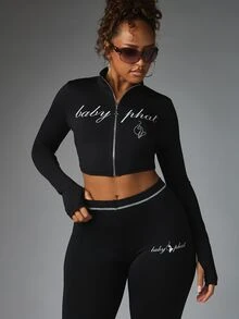 BABYPHAT 字母 Logo 短版拉鍊夾克，小立領、拇指孔袖口與對比色下擺設計 - 黑色 - 查看 1