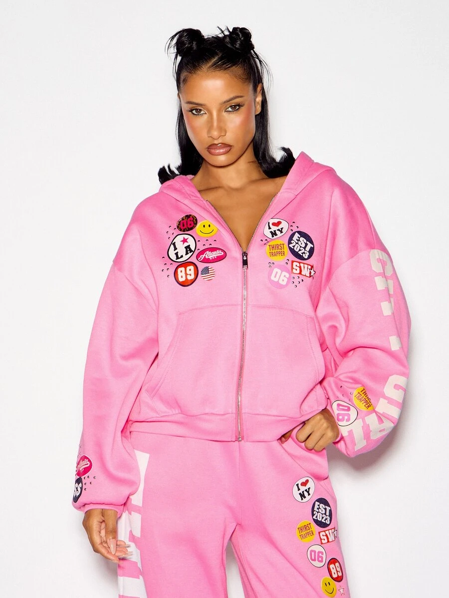 SUMWON WOMEN Oversized Streetwear Y2k Full-Zip Hoodie With Badge Patch ...