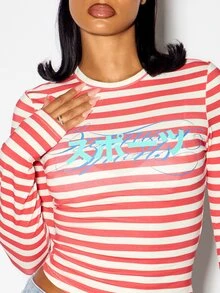 SUMWON WOMEN Striped Long Sleeve Crop Top With Japanese Script Chest Print Crew Neck Fitted Stretch Jersey Summer Festival Top - Red and White - View 2