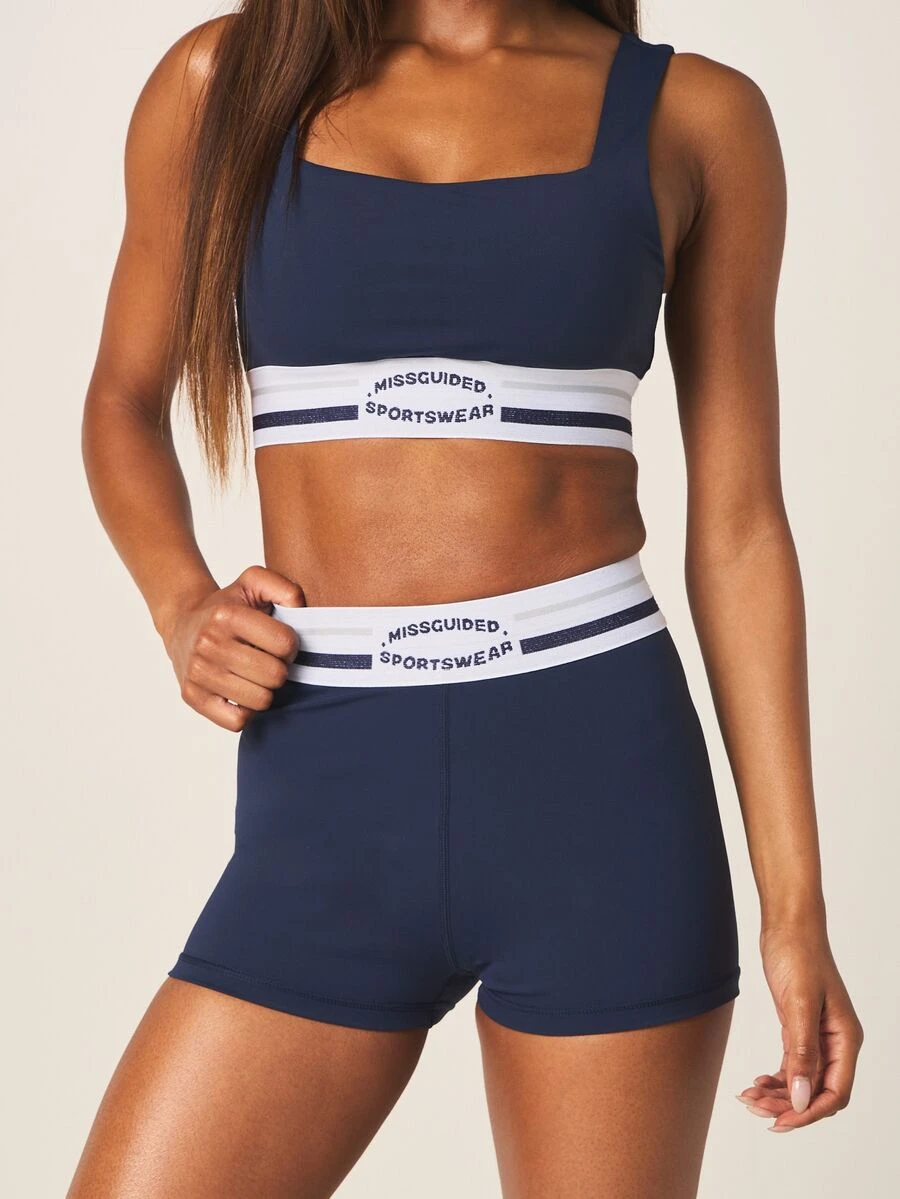 MISSGUIDED Sportswear High Rise Cycling Shorts With Logo Waistband Mini Length Skin Tight Activewear Summer Gym Shorts - Royal Blue - View 1